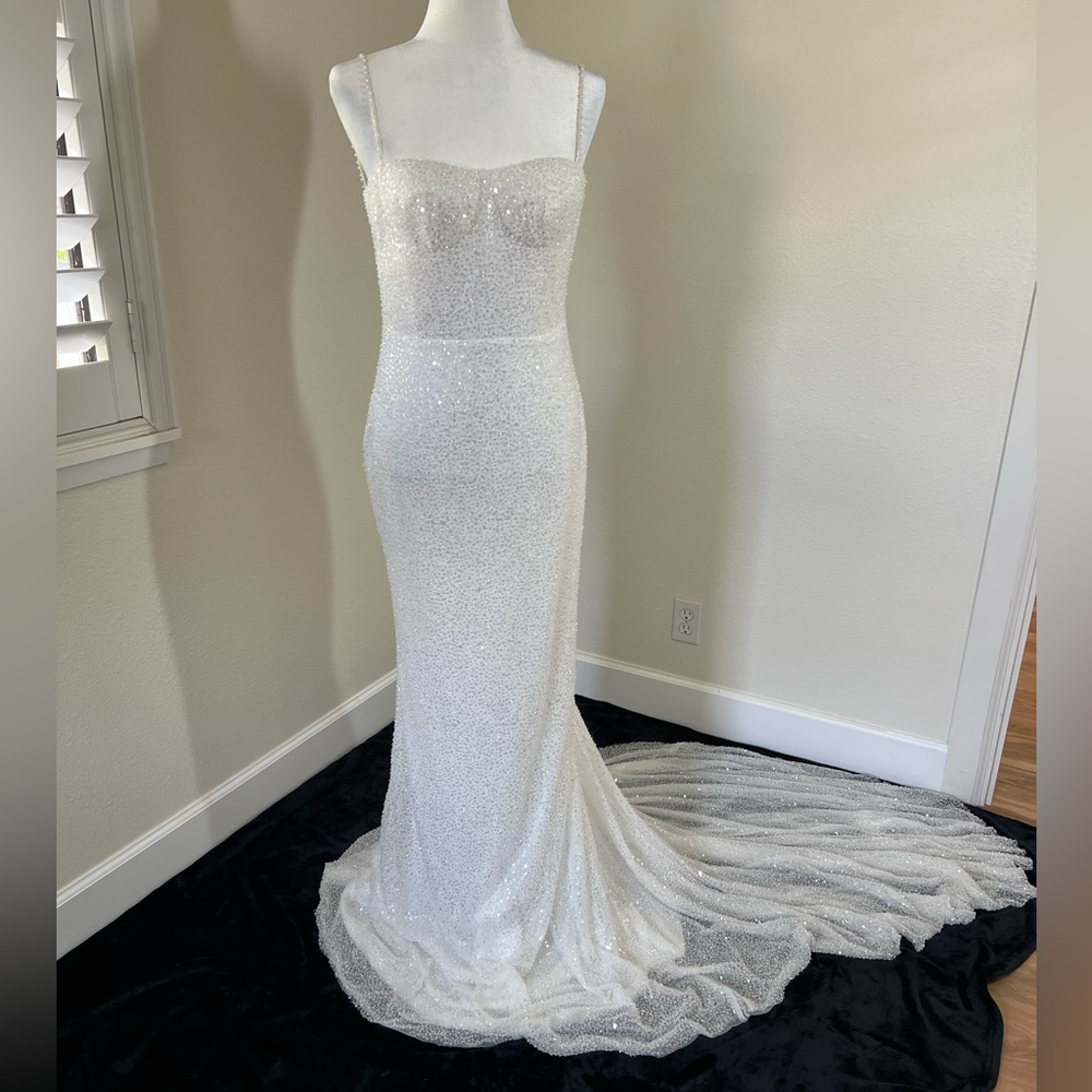 Beaded White Sheath Wedding Gown with Train